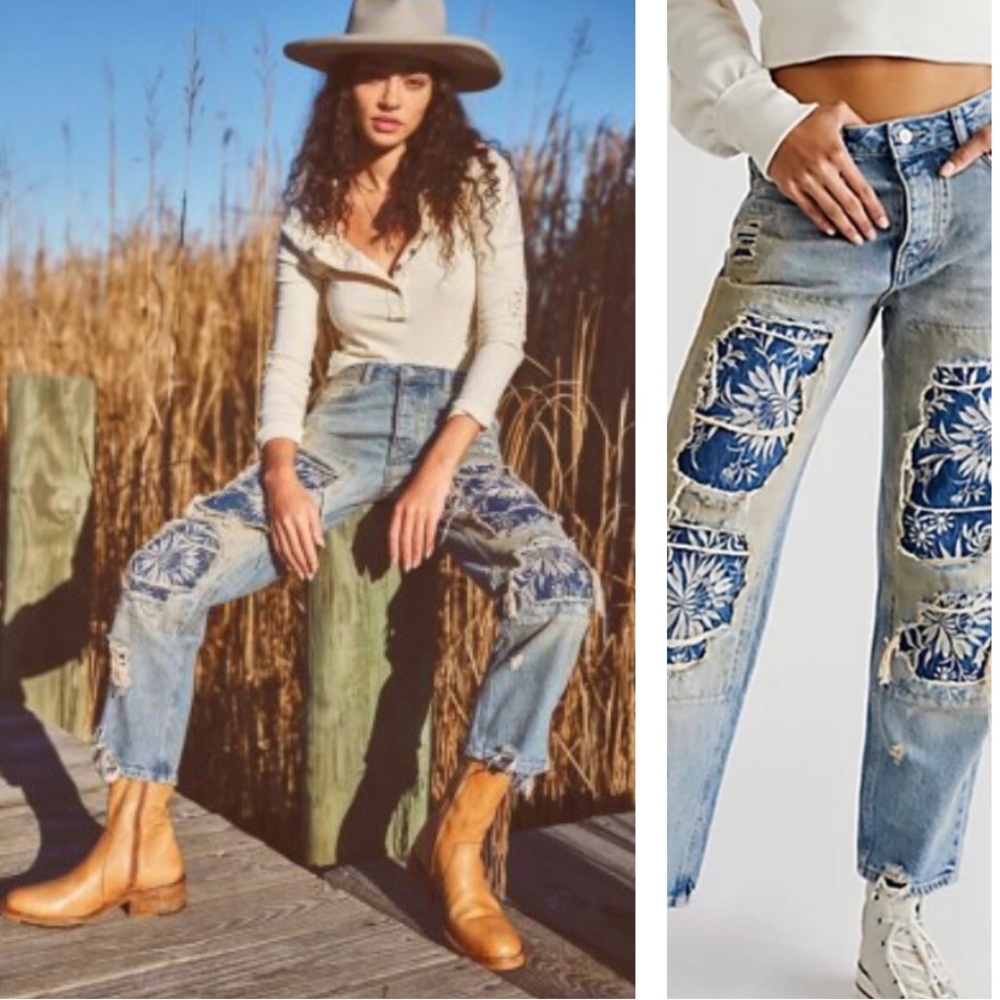 NWT We The Free Desert Rose Jeans Staight Leg Distressed Patchwork Floral SZ 25